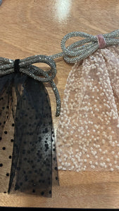 Rhinestone Bow with Black Polka Dot Mesh Doily