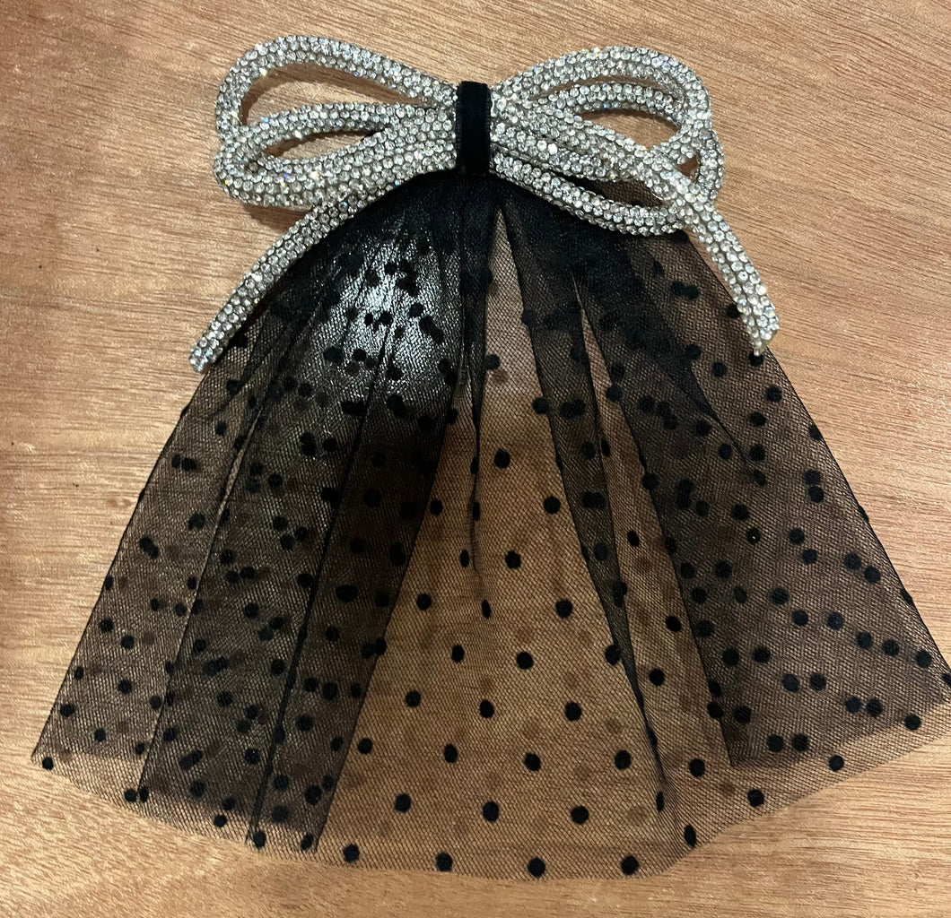 Rhinestone Bow with Black Polka Dot Mesh Doily